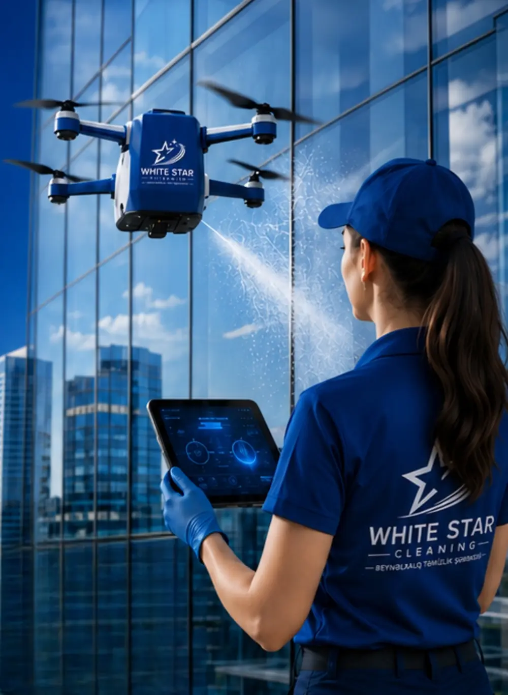 Дрон White Star моет стеклянный фасад высотного здания